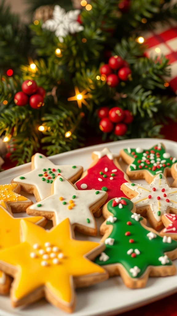 A variety of decorated Christmas cookies on a festive platter with holiday decorations.